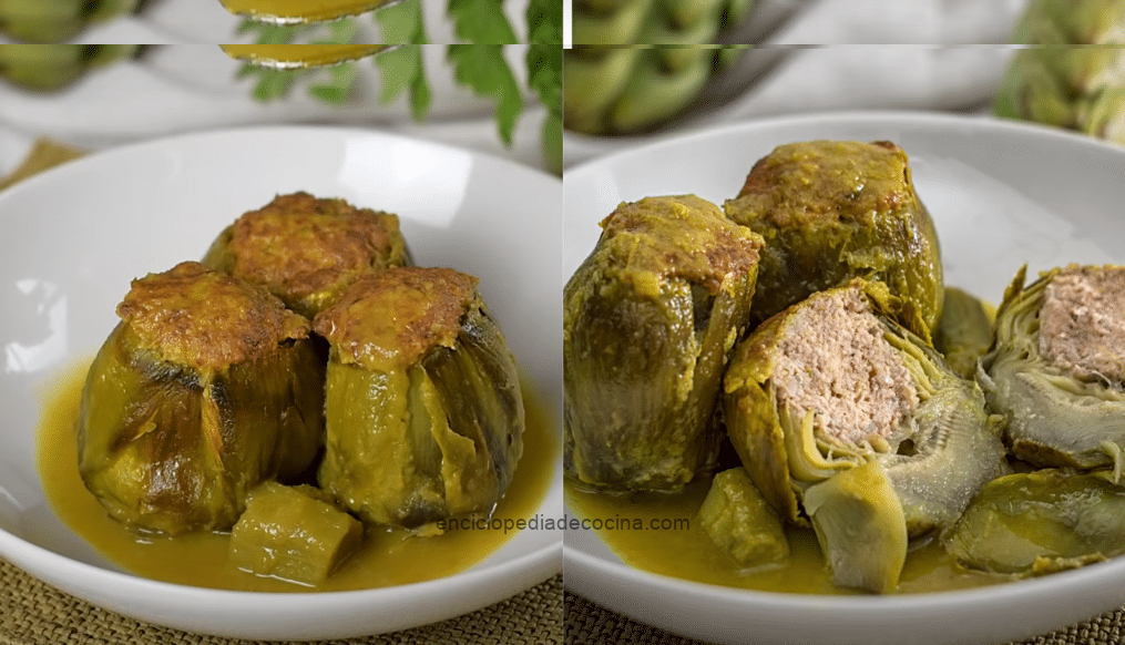 Alcauciles rellenos con cerdo y almendras